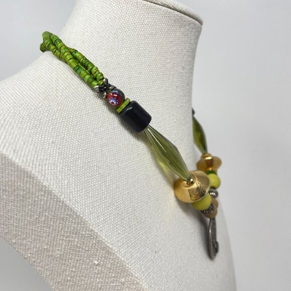 Beaded‎ Silver Pendant Necklace Green Gold Murano Glass Beaded - Picture 6 of 15